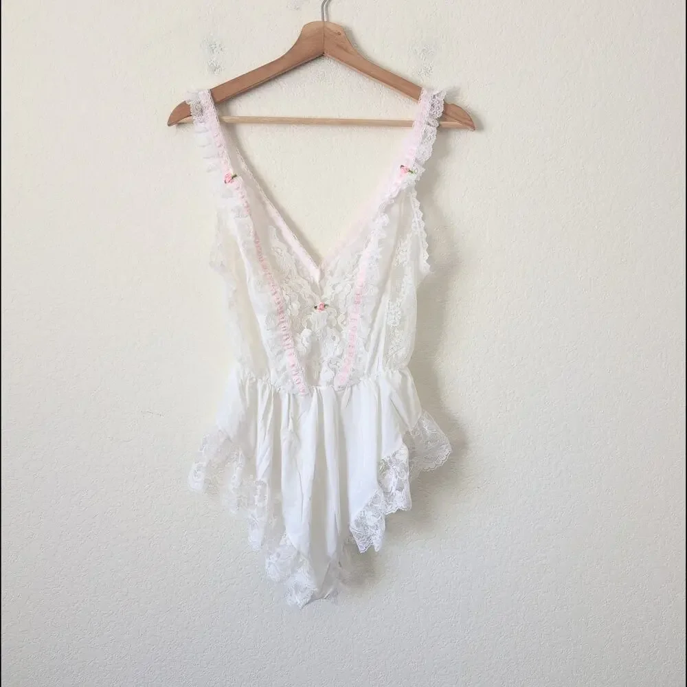 Vintage Tosca Lingerie Womens Small Lace White Bride Rose Bud Bodysuit Negligee - Picture 8 of 9